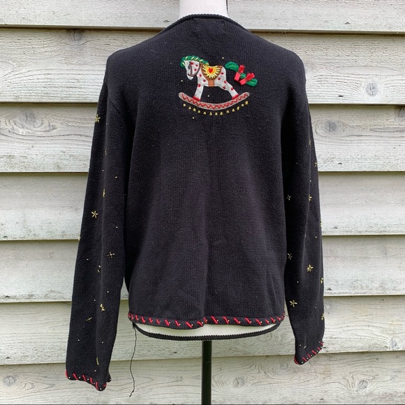 Vintage Black Beaded Felt Appliqué Crochet V-Neck Zip Front Long Sleeve Sweater - Picture 15 of 16